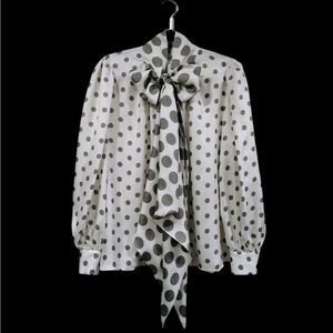 Max Mara 100% Silk Grey and White Polka Dot Blouse w/Bow Neckline